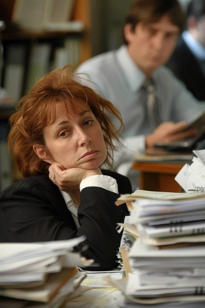 A photo capturing a moment in an office setting, where a female professional is looking concerned and overburdened with work, sitting at her desk piled with papers and documents. In the background, a male colleague can be seen leisurely browsing on his phone, oblivious to her stress. This contrast visually highlights the imbalance and tension created by slacking.