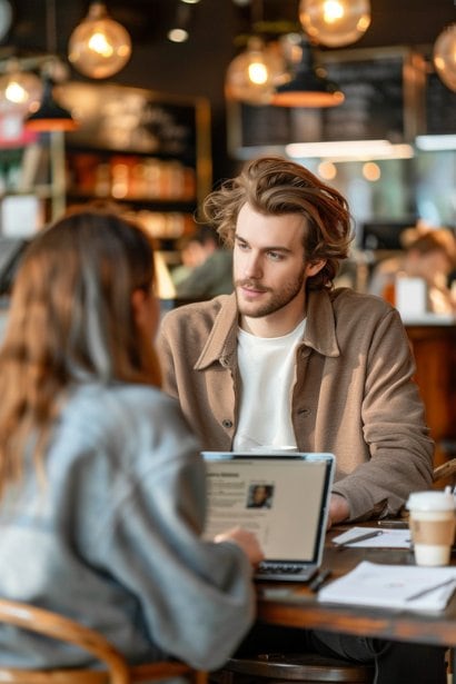 A male professional in his late thirties, looking confident and approachable, sitting at a coffee shop with a younger female colleague. They are discussing over a laptop, with the screen displaying a resume or LinkedIn profile, symbolizing the mentoring or guidance process in understanding the importance of references.