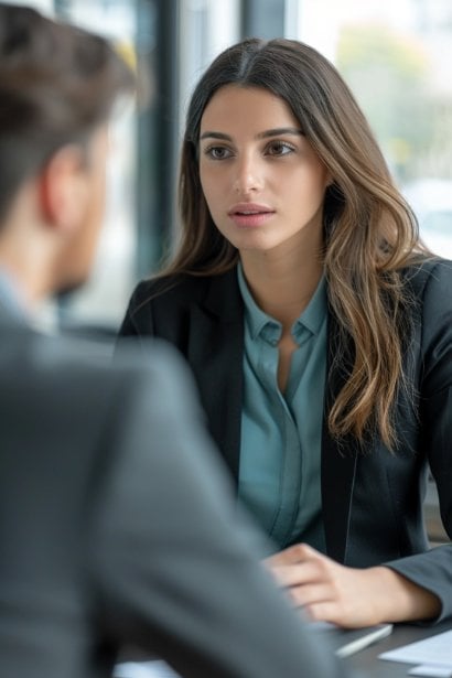 A female recruiter, looking professional and approachable, sitting across a table from a male job candidate in a modern office setting. She's reviewing his resume with a thoughtful expression, while he looks attentive and eager, symbolizing the initial screening process and the recruiter's role in assessing candidates.