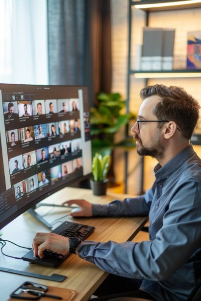 A male professional conducting a virtual meeting from a home office setup, demonstrating the use of advanced technology. He's interacting with participants on a large monitor, his demeanor professional yet approachable, showcasing the effective use of digital tools for remote collaboration.
