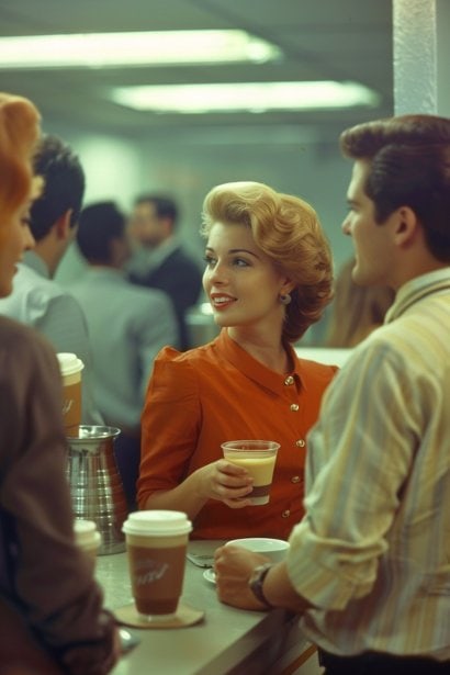A small, diverse group of professionals (one male and one female visible), having a coffee break together in a relaxed office environment. They are engaged in a light, supportive conversation, laughing and sharing a moment of camaraderie, symbolizing the impact of positive workplace relationships on job satisfaction.
