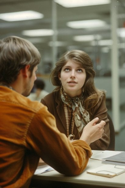 A young female professional, looking attentive and engaged, is listening to a male colleague who is sharing details about his job. The setting is a relaxed office environment, and she is nodding and making eye contact, showing that she values the conversation. The male colleague, speaking with hand gestures, appears to be enthusiastically sharing his experiences, indicating a positive and open exchange of information.