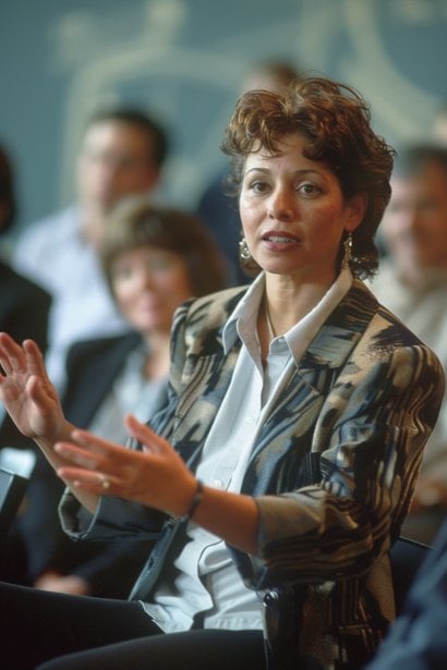 A workshop setting where a female professional is engaging with a small audience during a communication skills session. She is standing confidently, using open hand gestures as she explains a concept, while the audience, including a few attentive professionals, looks on, reflecting an environment of learning and professional development.