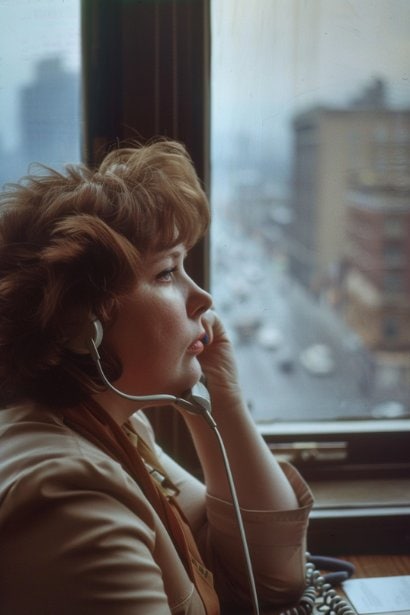 A photo of a young female professional on a phone call, looking out the window with a hopeful expression. She's in an elegant office, suggesting a discussion about rescheduling an appointment she just had to cancel. The window overlooks a calm city scene, reflecting the thoughtful consideration of using direct communication.