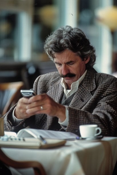 An image of a male professional sitting at a cafe, typing a text on his phone with a thoughtful expression. He is dressed in a smart blazer, and his focused demeanor showcases the care taken in choosing the right words for a cancellation text. The cafe provides a casual yet contemporary backdrop, highlighting the everyday scenarios where professional interactions occur.