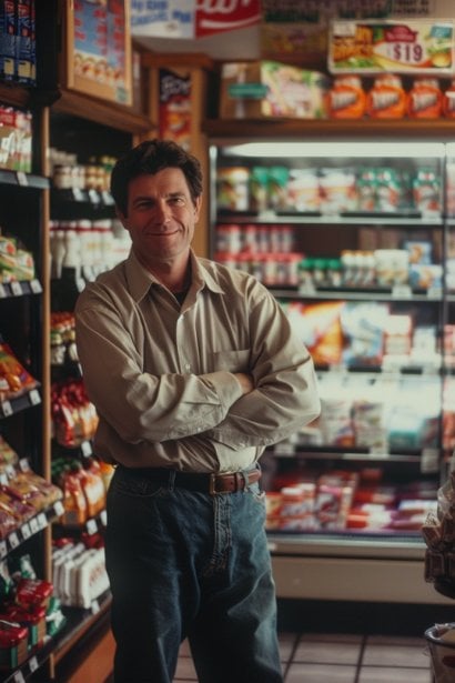 A middle-aged male business owner, looking pleased and satisfied, standing in his turnkey store with products neatly displayed around him. His expression conveys pride and accomplishment, highlighting the immediate operation and success of turnkey businesses.