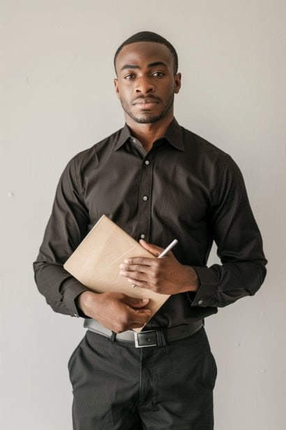 A young male professional, looking poised and self-assured, standing in front of a simple, professional background. He's holding a notepad and pen, symbolizing preparation and readiness. His demeanor is confident, ready to engage in a virtual group interview, embodying the essence of standing out among peers.