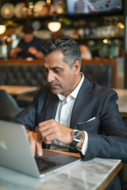 A male professional, looking efficient and proactive, checking his watch while quickly typing a thank-you email on his laptop in a café. His expression and posture suggest a blend of urgency and gratitude, emphasizing the importance of acknowledging a job recommendation promptly.