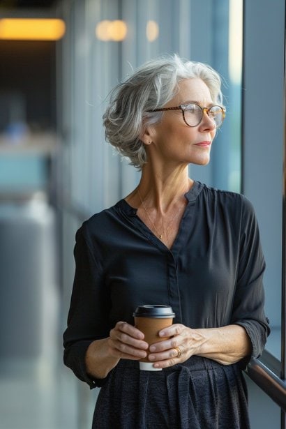 A middle-aged female professional standing by a window in an office, looking out with a confident and thoughtful expression. She's holding a cup of coffee, symbolizing a moment of reflection and self-assurance before a meeting.