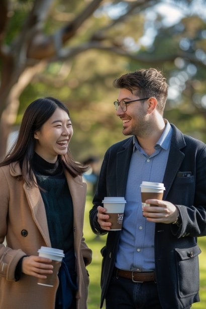 Two professionals (one male, one female) standing in a park, both smiling as they share a light moment over a shared professional interest. They are holding takeaway coffee cups, casually dressed, suggesting a relaxed yet meaningful discussion on work-related topics. The backdrop of the park adds an element of ease and tranquility to their interaction.