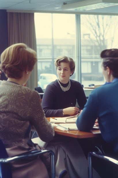 A small group meeting in a bright office space, featuring a female team leader, looking inclusive and earnest, facilitating a discussion with two other colleagues (one male, one female). Everyone appears engaged and valued, emphasizing a culture of open communication and respect.