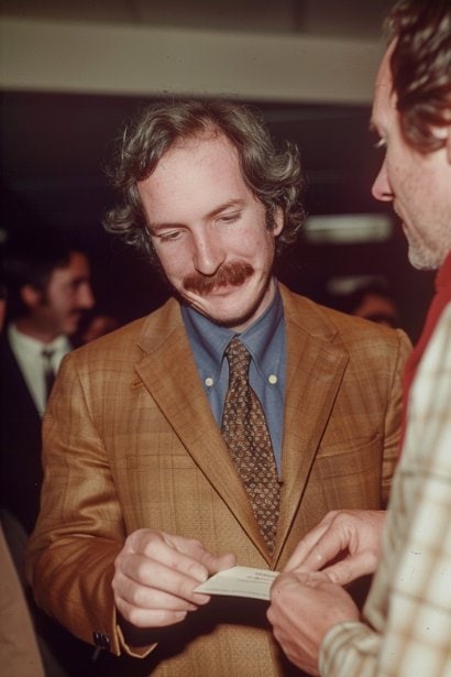 A photo showing a male professional in a casual business environment, handing his business card to another professional at a small networking event. He has a friendly and approachable expression, with a slight smile, emphasizing the importance of making and maintaining professional connections.