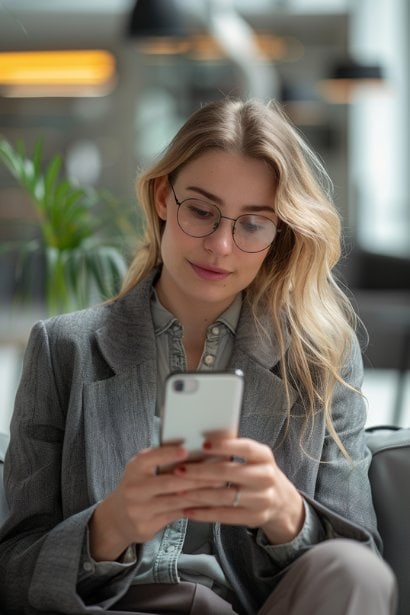 A close-up shot of a young female professional holding a smartphone. Her surrounding environment is a modern office space, symbolizing a professional setting, and the focus on the phone screen emphasizes the template being used for the message.