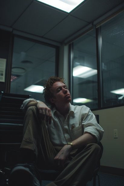 A dimly lit, quiet corner of an office where a male professional is taking a moment to himself, looking somewhat overwhelmed yet reflective. This represents the emotional toll and the need for balance when practicing empathy, especially in demanding professional roles.