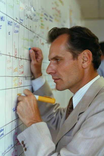 A male professional, looking determined and focused, stands before a whiteboard filled with goals and strategies, marker in hand. He's circling a key goal, embodying the grit and integrity required for success. His expression is one of resolve, highlighting the impact of character on achieving professional excellence.