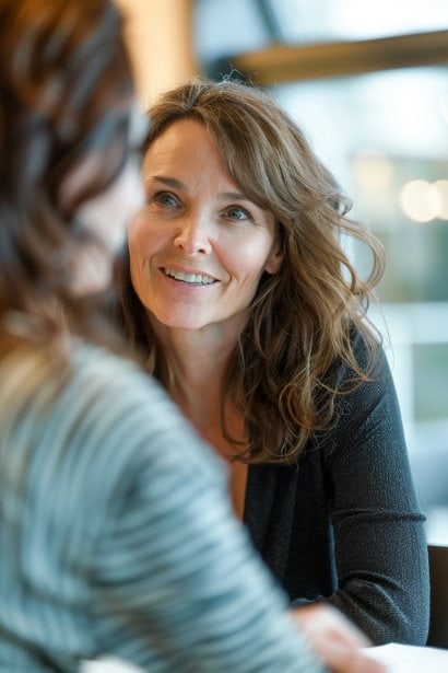 A middle-aged female HR professional, looking perceptive and encouraging, is in the midst of a job interview with a female candidate. They are both smiling, indicating a positive interaction. The setting is a modern, well-lit office, with the HR professional evaluating the candidate's character alongside his qualifications.