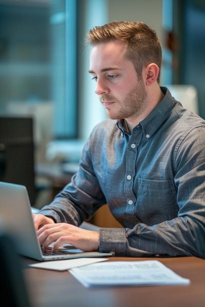 A male professional, appearing slightly concerned but focused, revising an email at his office desk. Visible on his screen are highlighted sections of text, indicating areas of potential miscommunication, and a guide on professional email standards is visible in the background.
