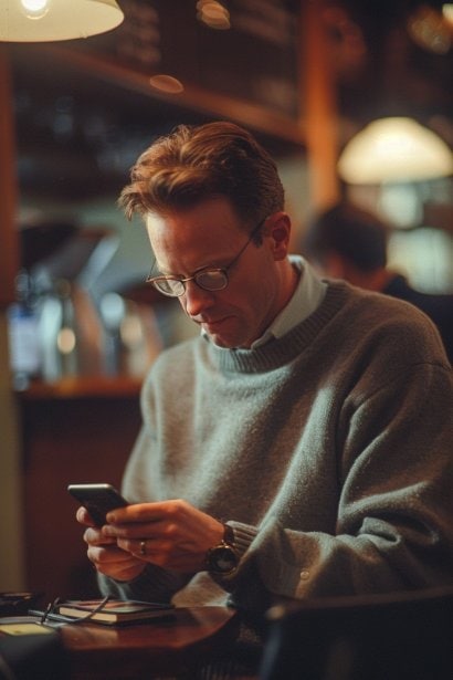 An image of a male professional in a coffee shop, grimacing slightly as he reads a text on his phone. His expression and casual setting reflect the personal inconvenience of receiving a vague or unprofessionally written cancellation text. The coffee shop's lively ambiance contrasts with his personal reaction.