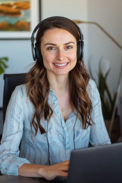 A female professional, looking directly at the webcam, smiling, and gesturing with her hands to emphasize a point. She's using a headset and sitting in a well-lit room, symbolizing effective verbal and non-verbal communication in a virtual setting. Her posture and eye contact with the camera convey confidence and connectivity despite the digital barrier.