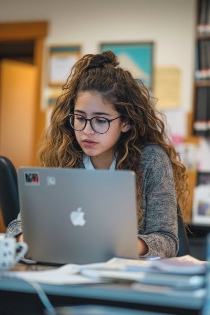 A female professional, looking thoughtful and concentrated, writing an email at her office desk. She has a notepad beside her laptop where she jots down key phrases, reflecting her process of crafting careful and committed responses.