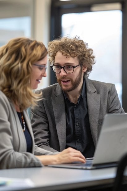 Two professionals (one young male and one middle-aged female) in a casual office setting, both showing expressions of mutual respect and positivity. They are discussing over a laptop, possibly exchanging ideas on fostering good relationships through thoughtful email communication.