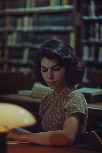 A serene and slightly illuminated library setting with a single female professional seated at a table, deeply engrossed in reading a book about emotional intelligence. Her expression is one of curiosity and enlightenment, symbolizing the journey of understanding empathy's facets.