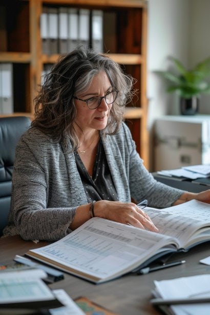 A middle-aged female professional, looking knowledgeable and poised, consulting a large open notebook at her desk filled with charts and data. Her office is modern and sparse, emphasizing her focus and expertise in her field, which aligns with demonstrating competence and preparedness in professional scenarios.