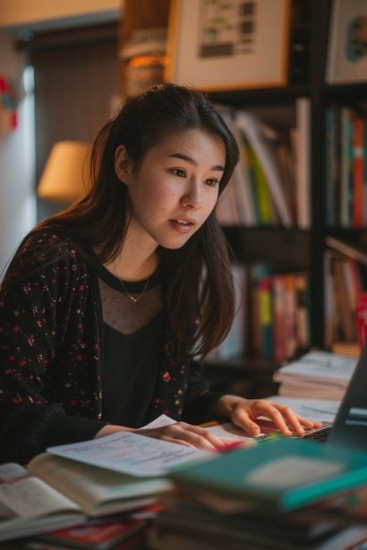 A female professional in her late 20s, sitting at a small, cluttered desk, intensely focused on a webinar playing on her laptop. She is surrounded by open books and notepads, capturing her engaged and eager-to-learn demeanor, illustrating the theme of continuous skill development.
