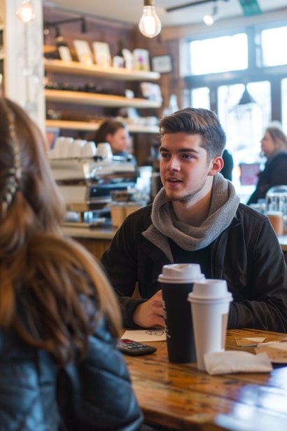 A casual, comfortable coffee shop setting where two professionals (one male and one female) are engaged in a deep, empathetic conversation. They're practicing active listening, with open body language and expressions of genuine interest and concern, embodying the development of empathy through personal interaction.