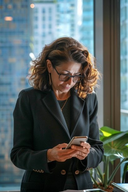 A photo featuring a middle-aged female professional at her office, reading a text message on her phone with a slight frown, symbolizing the evaluation of a poorly crafted cancellation message. Her office is sleek and modern, with a large window showing a city view, representing a high-stakes professional environment.