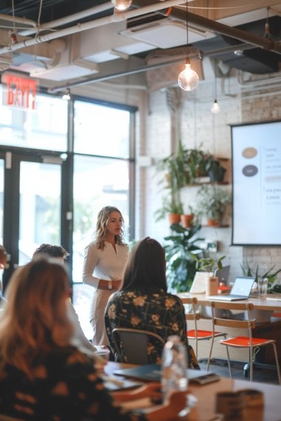 A bright, open co-working space where a female professional is leading a small workshop on emotional intelligence. She's using empathetic communication to engage her audience, who appear inspired and motivated, demonstrating empathy's role in professional development.