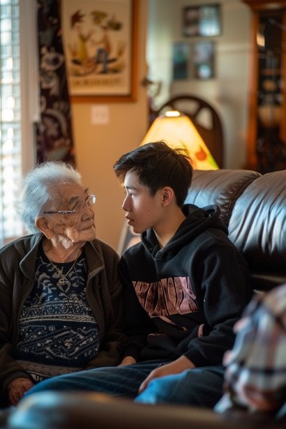 A warm, cozy living room scene where a young male is attentively listening to an elderly female family member share a story. Their expressions convey deep understanding and connection, emphasizing the importance of empathy in strengthening familial bonds.