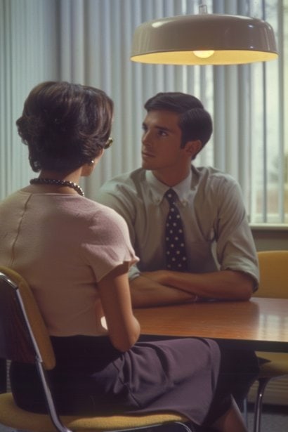 A minimalist, modern office setting with a male manager and a female employee in a candid, empathetic one-on-one meeting. The manager, showing a supportive and understanding demeanor, is actively listening to the employee, who appears relieved and comforted by the exchange.