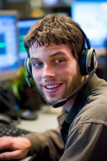 A male customer service representative, looking friendly and helpful, speaking on a headset while typing a response to a customer’s missed call. The background shows a customer support center with monitors displaying data, emphasizing a focus on customer satisfaction.