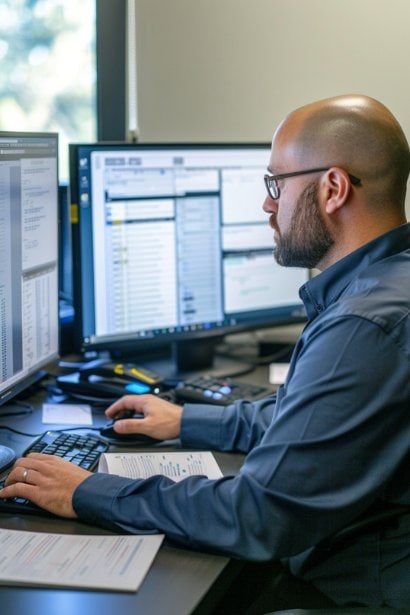 A male professional, appearing organized and efficient, at a neatly arranged desk with dual monitors displaying task management applications. He is reviewing a list, symbolizing his methodical approach to organizing and batching tasks to boost productivity.