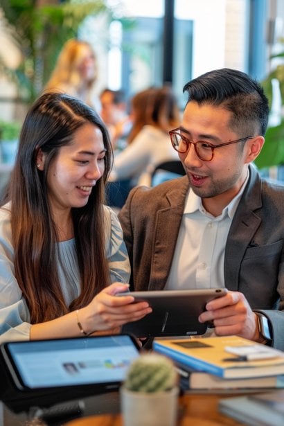 Two professionals (one male and one female) in a casual office setting, collaborating over a shared document on a tablet. Both are looking interested and positive, illustrating effective peer-to-peer support and teamwork.