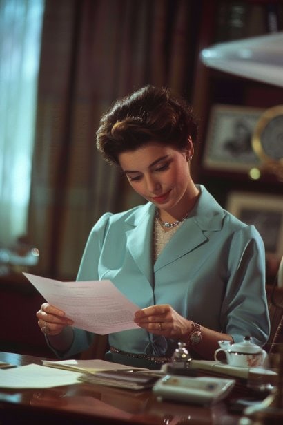 A female professional, looking meticulous and considerate, reviewing a thank-you letter at her desk before sending it. She's surrounded by a tidy workspace that reflects her professional attitude, with the letter in hand symbolizing the final review to ensure its quality and sincerity.