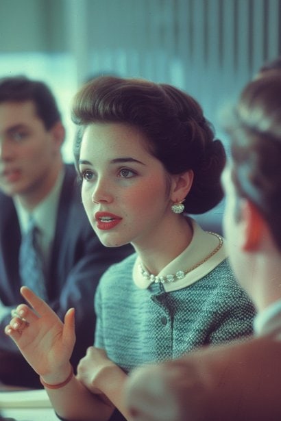 A photo of a young female professional actively participating in a small meeting. She's making a point to her colleagues, showing a gesture of explanation with one hand, and her expression is one of clarity and engagement, emphasizing effective communication.
