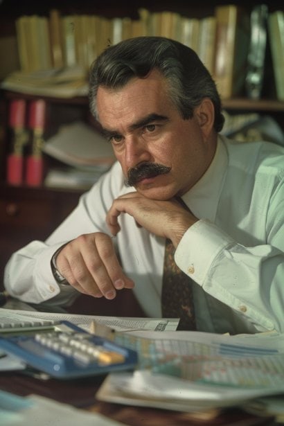 A thoughtful male business owner, sitting at a desk with financial documents and a calculator, examining the numbers. His focused expression and the organized workspace symbolize careful financial planning in turnkey businesses.