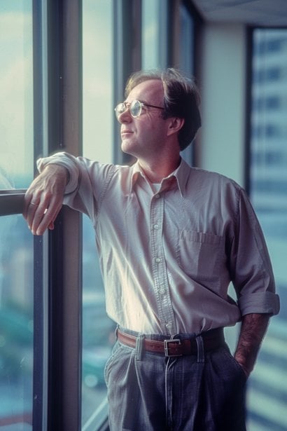 A middle-aged male professional, looking inspired and optimistic, standing by a window in a spacious, brightly lit office. He is gazing out at the city skyline, symbolizing new horizons and opportunities that await him. His posture is relaxed and his expression thoughtful, reflecting on the potential benefits a new job might bring to his career and personal life.