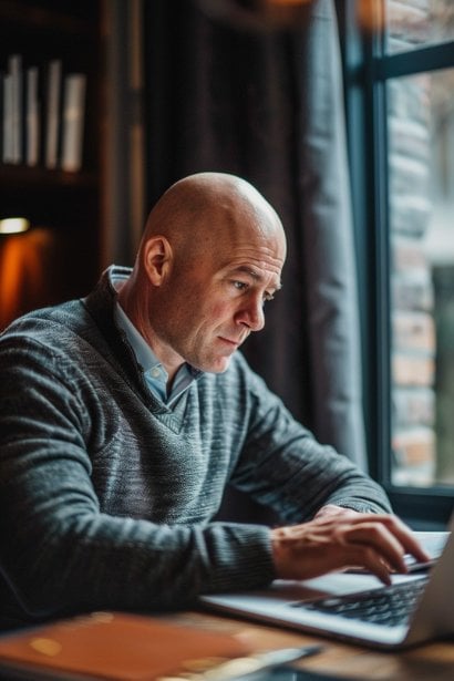 A male professional sitting at his desk, thoughtfully composing a follow-up email on his laptop after a networking event. The scene captures him in a moment of concentration, with a notebook beside the laptop that has handwritten notes from the event, symbolizing the importance of thoughtful and personalized follow-up in professional relationships.