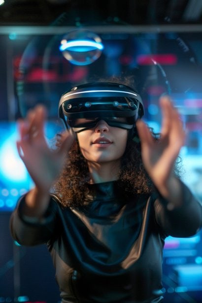 A female professional in her 30s, wearing a headset and interacting with a futuristic AR interface, adjusting settings or selecting options. Her expression is curious and innovative, set in a tech-enhanced workspace, representing her adaptation to new technologies and innovative work methods.