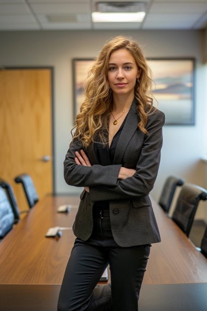 A young female professional, standing confidently at the head of a conference table in a small meeting room. She exhibits a commanding presence, with a determined and inspiring expression, highlighting her leadership and collaborative skills.