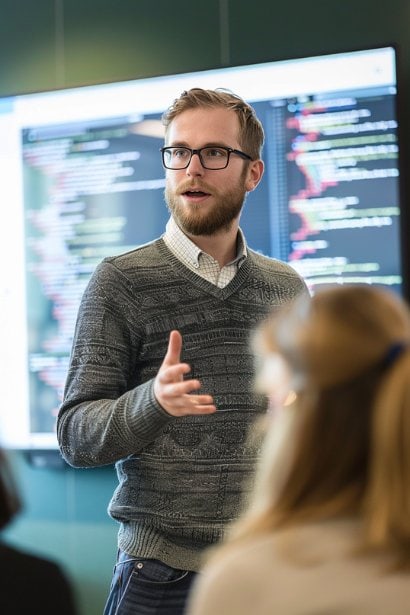 A photo capturing a young male software developer, standing in front of a large screen displaying code, explaining a particular function to a female interviewer who is interested and asks questions. The developer looks knowledgeable and passionate, illustrating the focus on technical expertise in software-related functional interviews.