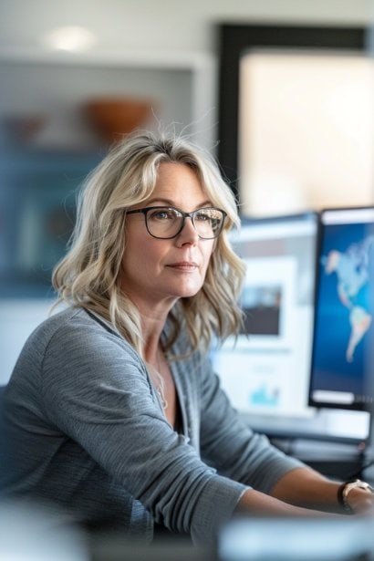 A middle-aged female professional participating in an online leadership training session. She's at her desk with dual monitors displaying interactive sessions and leadership frameworks. Her expression is engaged and serious, symbolizing the connection between personal leadership and professional advancement.