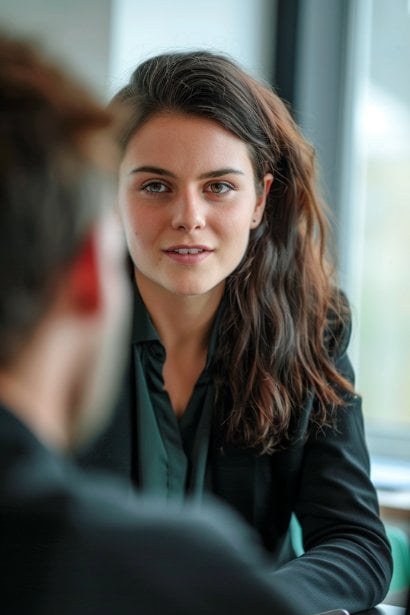 A female leader, looking empathetic and supportive, in a one-on-one coaching session with a male employee. She's listening intently to him as he speaks, symbolizing empathetic leadership and a commitment to employee growth.