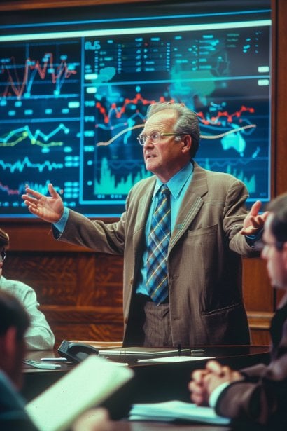 A middle-aged male leader in a conference room, gesturing towards a digital screen displaying team metrics and objectives. The scene includes one or two team members, attentively listening and taking notes. The leader's expression is motivating and inspiring, emphasizing his role in guiding and energizing his team.