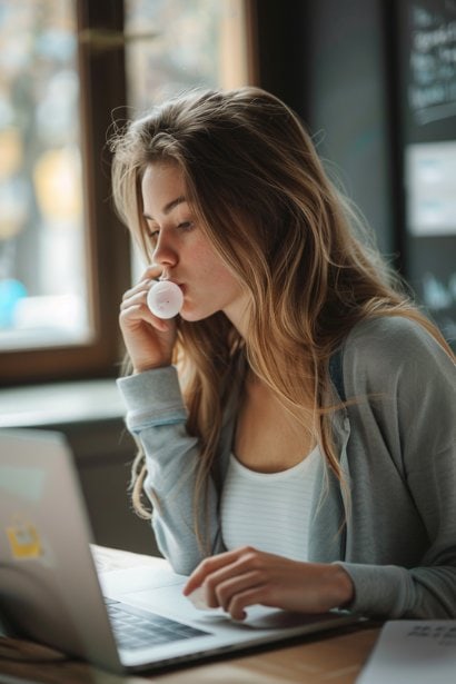A young female professional, looking at her laptop screen. She is taking notes and appears engaged, symbolizing the use of social media for insights into candidates' professional backgrounds and expertise.