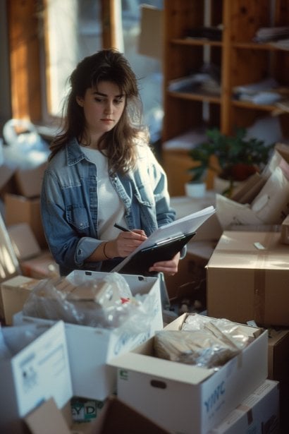 A female professional, looking determined and busy, standing in the middle of her partially packed living room. Boxes are labeled and organized around her, and she's checking items off a list on her clipboard. This image captures the physical and organizational aspects of relocating for a new job, showing her preparedness and attention to detail.