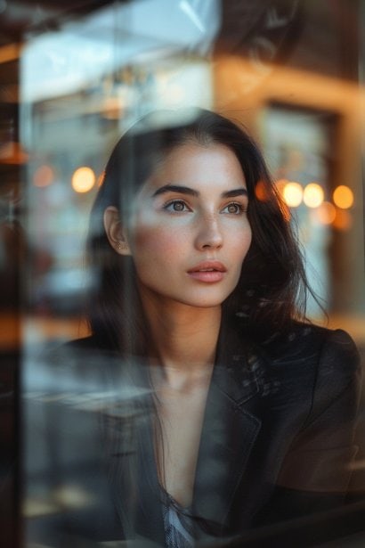 A content and reflective middle-aged female entrepreneur, looking out the window of her successful turnkey business, symbolizing contemplation on sustaining long-term success. Her serene expression conveys satisfaction and a forward-looking mindset.